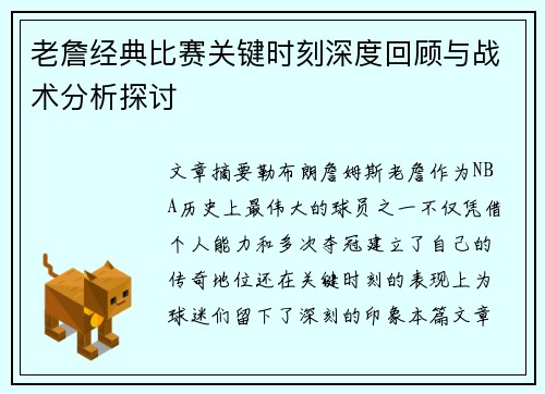 老詹经典比赛关键时刻深度回顾与战术分析探讨