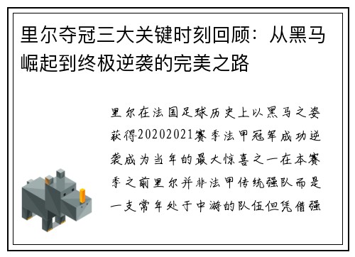 里尔夺冠三大关键时刻回顾：从黑马崛起到终极逆袭的完美之路